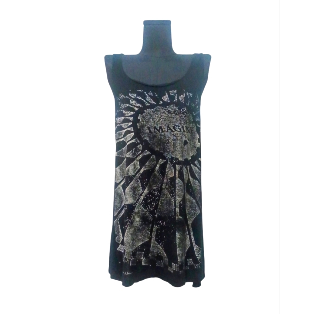 5/$25 "Imagine" Black and White Print Extra Long Tank with Cut Out Knotted Back